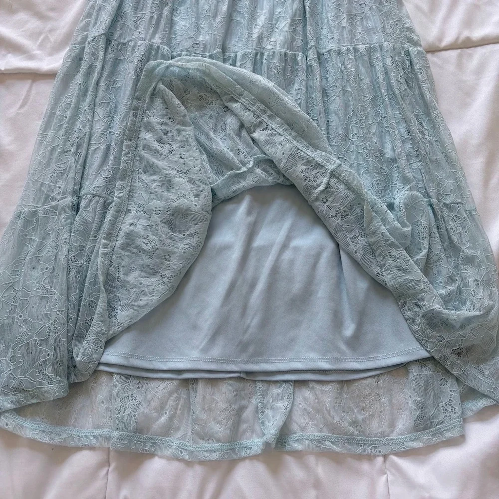 Light Blue Floral Lace Tiered Midi Skirt Boho Cottagecore Peasant Small